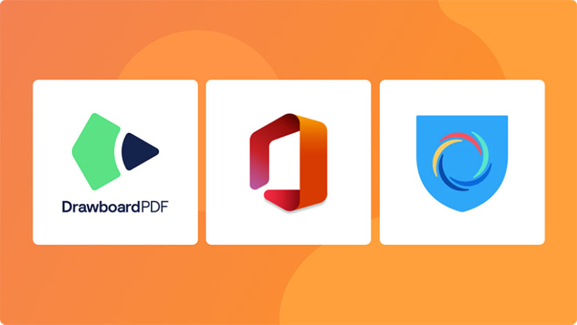 Drawboardアプリ ロゴ、Microsoft Office アプリ ロゴ、Hotspot Shield FreeVPN ロゴ