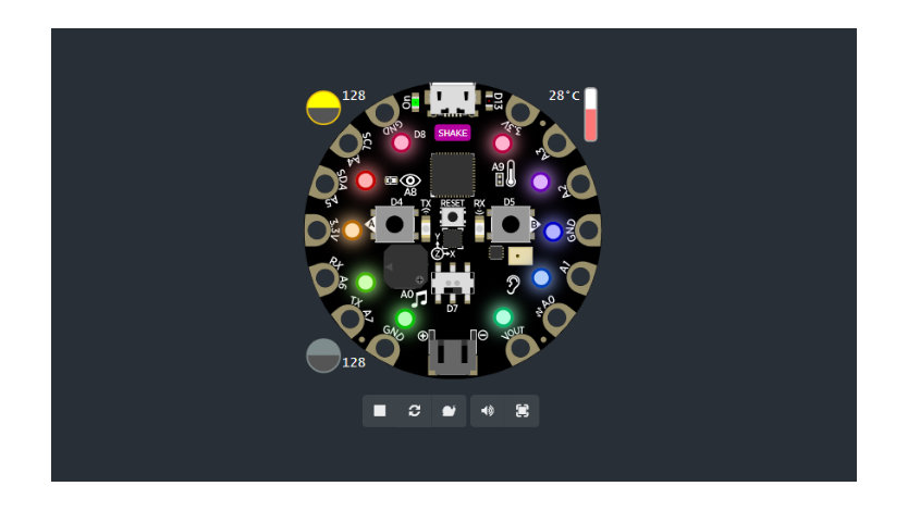 The Circuit Playground Express hardware shown in a simulator.