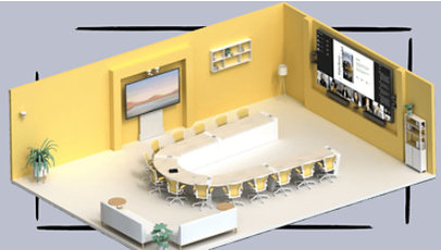 A 3D model of a meeting room with a large conference table and Microsoft Teams meeting displayed on the meeting room wall, displayed over a blue background with brush stroke-style borders.