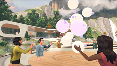 A screenshot of the Microsoft Mesh immersive spaces environment showing different employee-based avatars participating in a Microsoft Teams hybrid meeting.