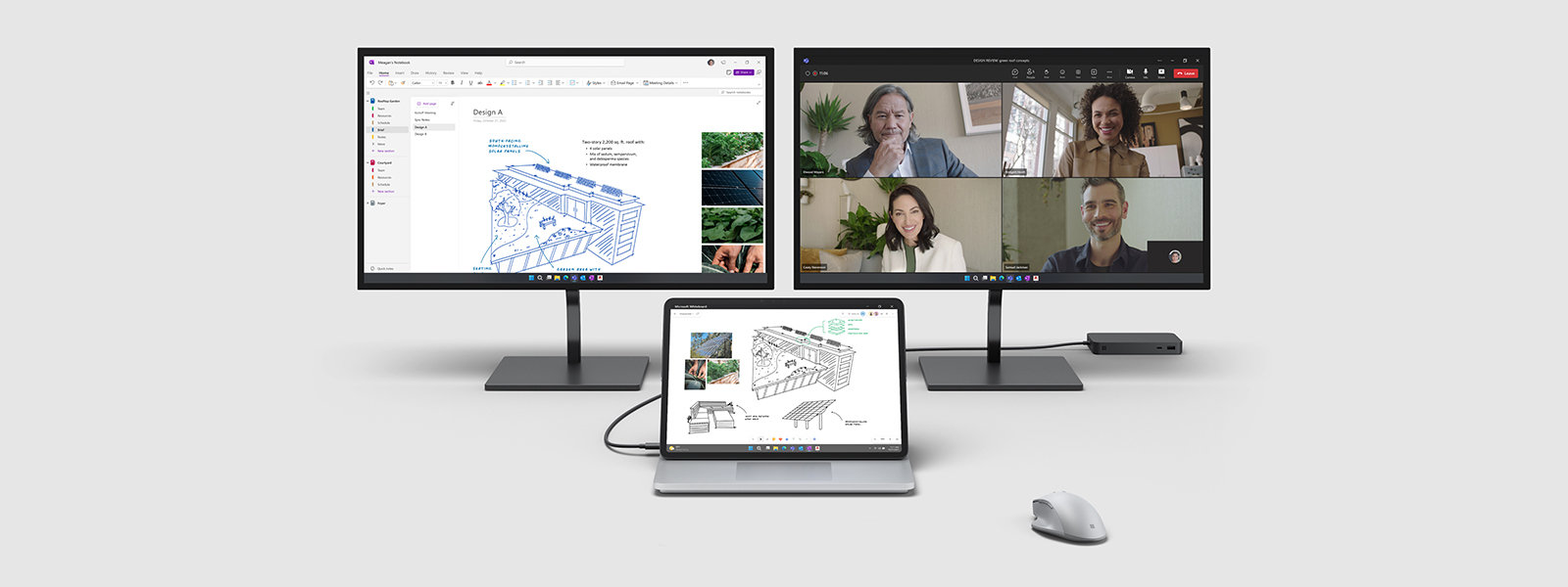 Surface Laptop Studio 2 が 2 面の外部モニターに接続されていてさまざまな Microsoft アプリが画面が表示されている